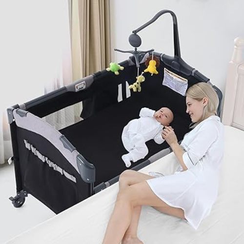 Jaoul 5 in 1 Baby Crib, Baby Bassinet Beside Sleeper, Pack and Play with Bassinet and Changing Table Portable Travel Baby Playpen with Toys & Music Box, Mattress for Girl Boy Infant Newborn Black