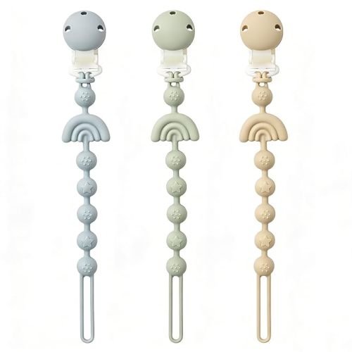 Baby Pacifier Clips One Piece Binky Clip Holder Silicone Teether Clip Pacifier Straps with Clip Baby Teether Toys for Boys and Girls Set of 3 Andy Bear-Ivory+Sage+Blush