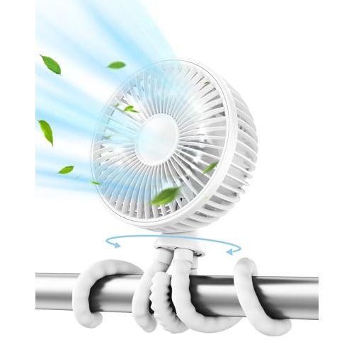 Gaiatop Oscillating Baby Stroller Fan, LED Night Light 4 Speeds Rechargeable 360° Rotate Clip On, Battery Operated Small Portable Cooling Fans for Car Seat Crib Treadmill Travel White