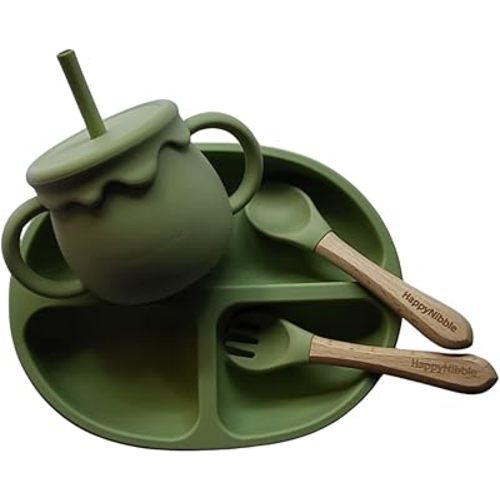 HappyNibble Silicone Feeding Set for Babies and Toddlers, Baby Feeding Essentials with 1 Suction Plate, 1 Spoon/Fork, and 1 2-In-1 Cup, Baby Stuff, Toddler Eating Supplies, Gifts, BPA-Free (OLIVE)