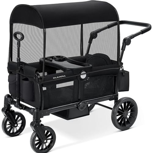 ELEMARA Foldable Wagon Stroller, Stroller Wagon for 2 Kids, Premium All Terrain Wagon for Kids with Removable Canopy, Adjustable Push/Pull Handle, Harnesses, Large Storage Bag, Black