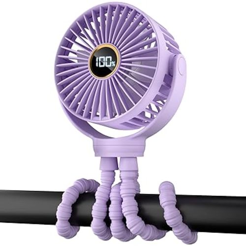 Portable Stroller Mini Fan, Small Rechargeable Personal Cooler w/ 360° Rotation, 3-Speed, Display, Battery Powered Stroller Accessories, Baby Essentials for Car Seat Crib Bike Treadmill, Light Purple