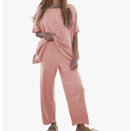 Tankaneo Women's 2 Piece Travel Outfits Casual Short Sleeve Knit Sweater Set Wide Leg Pants Lounge Sets Tracksuit