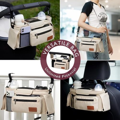 Momcozy Universal Baby Stroller Organizer, 2 Insulated Cup Holder, Detachable Zippered Pocket, Adjustable Shoulder Strap, Large capacity for baby essentials, Compact Design Fits Any Strollers - Off White