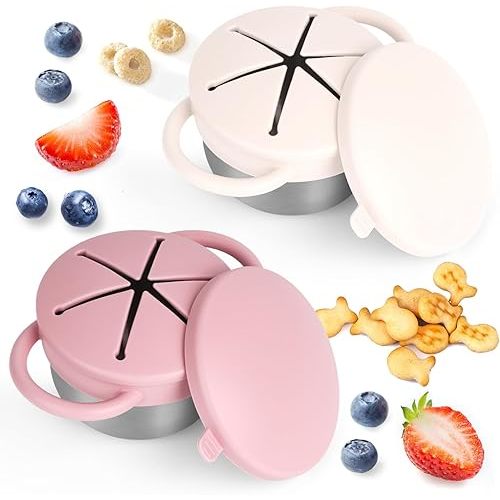 Daximo 2 Pack Snack Cups for Toddlers Spill Proof - Detachable Stainless Steel Toddler Snack Cups with Silicone Lids & Handles - Dishwasher Safe Baby Snack Containers (Matte Pink and Matte Off White)