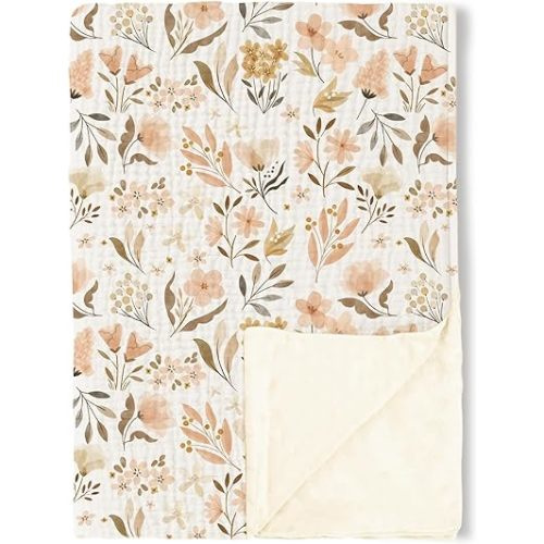 Konssy Baby Blankets for Unisex Boys Girls, Super Soft Nursery Minky Blankets with Muslin Cotton Front and Dotted Fleece Backing, Printed Bed Throws Newborn