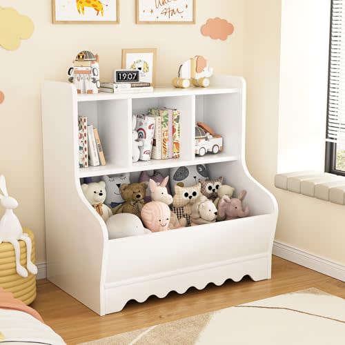 Marcytop Kids Bookshelf, Toddler Toy Storage Organizer, Wooden 4 Cubby Children Book Shelf for Playroom, Bedroom, Nursery, Classroom