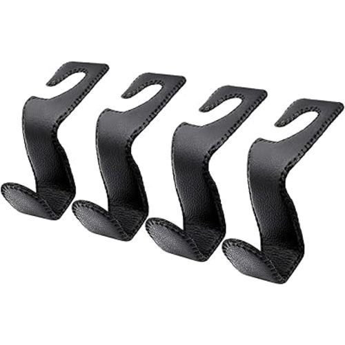 Seat Hooks for Purses and Bags, 4 Pack Car Purse Holder for Grocery Bag Handbag Clothes, Metal Headrest Hooks Covered by Leather, Black