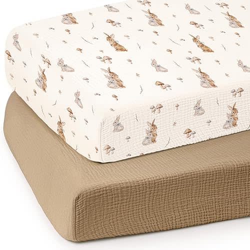 lulumoon Baby Muslin Crib Sheets: Soft & Breathable Fitted Crib Sheets for Boys and Girls - Khaki Bunny Sheets for Standard Crib 2Pack