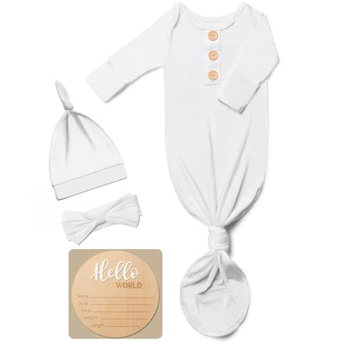 Soft Baby Knot Gown 0-3 Months, Newborn Announcement Sleepers With Mitten Cuffs and Personalized Wooden Name Tag