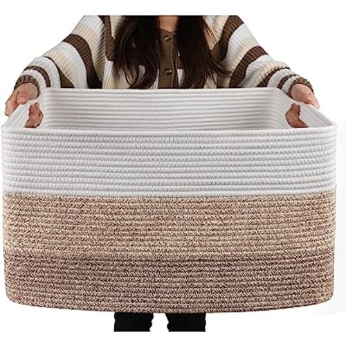 OIAHOMY Large Blanket Basket, Rectangle Woven Baskets for Storage, Nursery Blanket Basket Living Room, Toy Basket with Handle, Large Baskets for Organizing-22”x17”x12”-Gradient Yellow