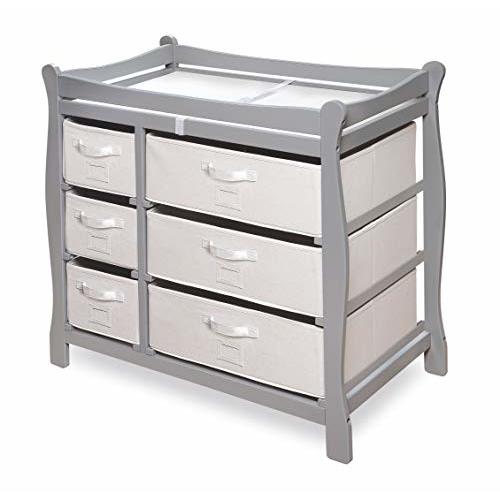 Badger Basket Sleigh Style Baby Changing Table - Diaper Station with 6 Removable Storage Baskets, Safety Rails, Pad, and Belt - Nursery Organizer - Gray/White