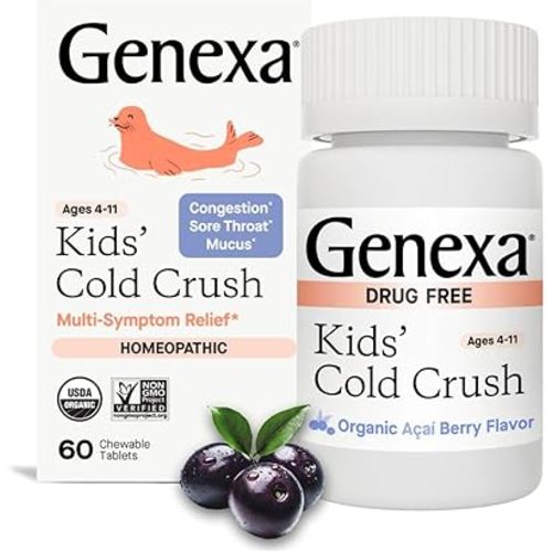 Genexa Kids Cold Crush | Multi-Symptom Cough & Cold, Sore Throat, Congestion Relief for Children | Acai Berry Flavor | Organic & Non-GMO | Homeopathic Remedy Made Clean | 60 Chewable Tablets Age 4-11