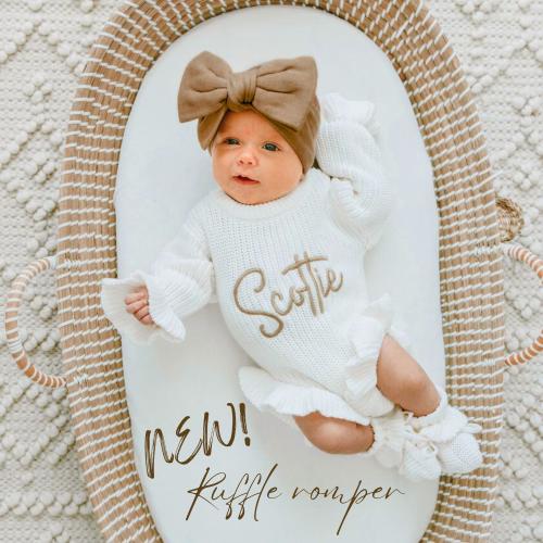 Keepsake Embroidered Knit Ruffle Romper, Personalized Newborn Name Chunky Sweater Romper Baby Girl, Embroidered Newborn Oversized Sweater