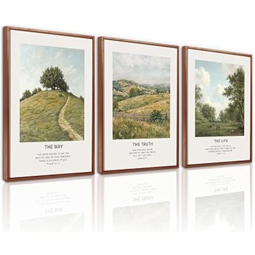 LHIUEM Vintage Christian Framed Canvas Wall Art Set of 3(12”X16”) The Way The Truth The Life Wall Decor,Bible Verse Artwork Scripture Wall Painting,Religious Art Prints for Living Room,Bedroom,Office