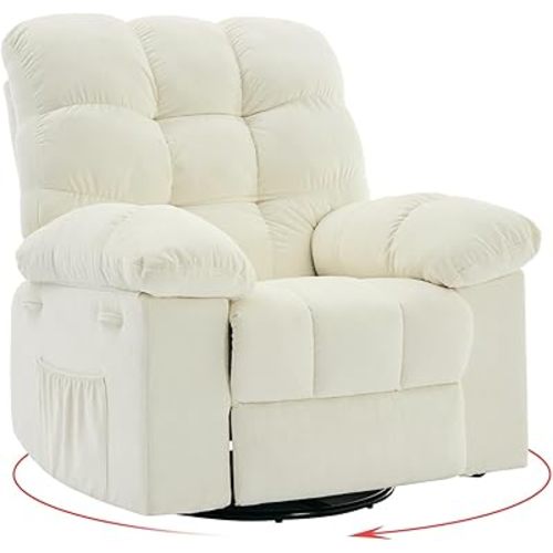 Rocking Recliner Chair,360° Swivel Rocker Chair for Living Room,Upholstered Fabric Glider Nursery Chair with Side Pockets for Small Spaces,Q235 Steel Frame Lazy Boy Recliner Single Sofa(Beige)