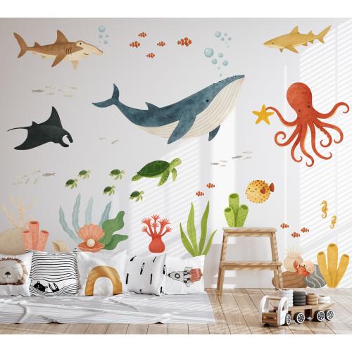 Under the sea decals Sea Themed nursery decor, Wall decal ocean Wall Stickers Whale Shark Turtle Pufferfish Manta ray Nursery wall decals