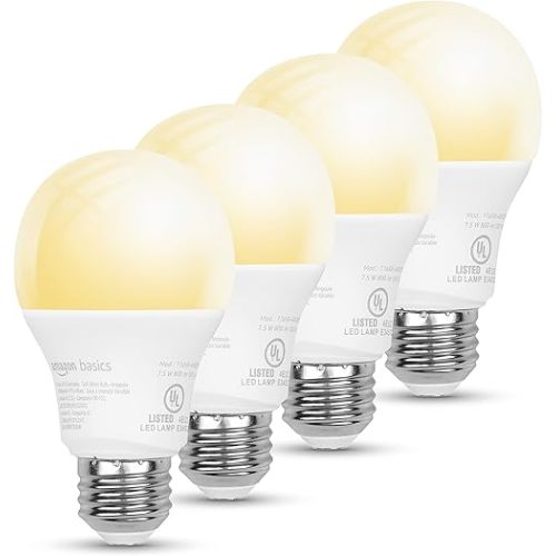 Amazon Basics Smart A19 LED Light Bulb, Dimmable Soft White (2700K), 60W Equivalent, 800LM, Works with Alexa Only, 2.4 GHz Wi-Fi, No Hub Required, 4 Pack