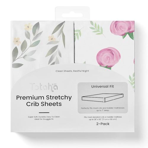 TotAha Premium Stretchy Crib Sheets (2-Pack)-Hypoallergenic, Silky Comfort, Buttery Soft, Calming Effect, All-Season Jersey-Knit Sheets, 9'' Extra Deep Pocket (Pink Buds & Green Leaves)