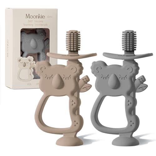 Moonkie Teething Toy Set of 2, Safe & Easy to Hold BPA Free Silicone Teethers, 360° Baby Toothbrush with Suction Base, Teether Toys Best for Babies 6-12 Months (Koala Warm Taupe/Lunar Grey)