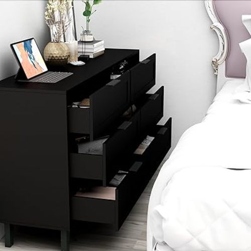 TaoHFE Black 6 Dresser for Bedroom Modern Black Chest of Drawers for Nursery Wood Dresser for Kids Horizontal Dressers & Chests of Drawers for Bedroom Living Room