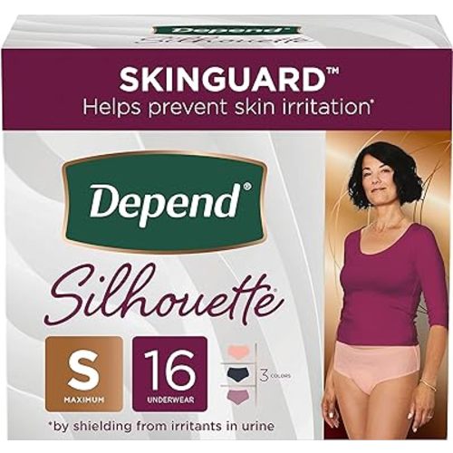 Depend Silhouette Adult Incontinence and Postpartum Underwear for Women, Small, Maximum Absorbency, Black, Pink and Berry, 16 Count, Packaging May Vary