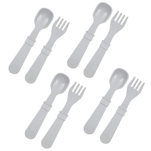 RE-PLAY Made in The USA | 8pk Toddler Feeding Utensils Spoon and Fork Set | BPA Free Eco Friendly Recycled Milk Jugs - Virtually Indestructible | Naturals Collection | Grey