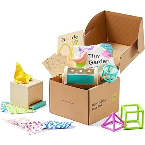 Tiny Land Montessori Baby Toy Set 4-6 Months – Early Learning Motor Skills Development Kit with 4-in-1 Soft Cloth Book, Spinning Rainbow Toy, Silicone Blocks, and Interactive Magic Tissue Box