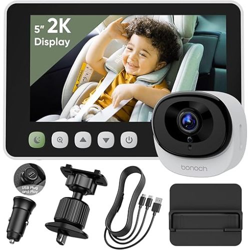 bonoch Baby Car Camera - 5'' 2K Car Seat Camera for Baby Rear Facing 360 Degree Rotating, Easy Setup Backseat Camera for Baby with Car Charger, USB Powered Car Baby Monitor with Night Vision, 4X Zoom