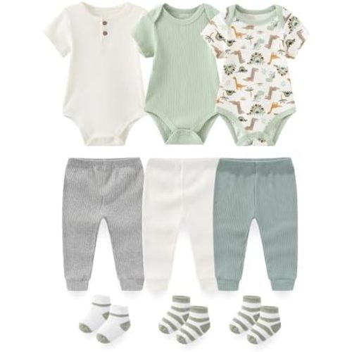 Baby Layette Gift Set 9-Piece Baby Bodysuits and Pants Set Infant Boy Girl Clothes Outfits