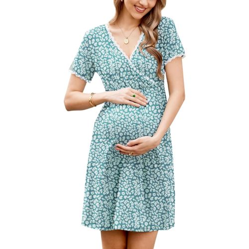 Ekouaer Women 3 in 1 Delivery/Labor/Maternity/Nursing Nightgown Short Sleeve Pleated Breastfeeding Sleep Dress(S-XXL) - Green Leopard - Large