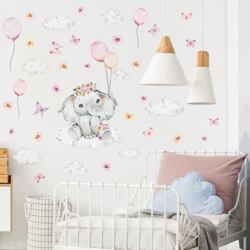 Cute Nursery Pink Elephant Wall Decals,Watercolor Pink Elephant Wall Stickers,Watercolor Pink Balloon Wall Sticker, White Cloud Wall Sticker, Pink Flower Wall Decoration,Kid Toddler Crib Bedroom Play