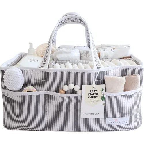 Lily Miles Baby Diaper Caddy Organizer, Baby Shower Basket for Newborn Boys or Girls, Nursery Must Haves for New Mom, Registry Favorites, Large Storage Tote for Changing Table or Car, Gray