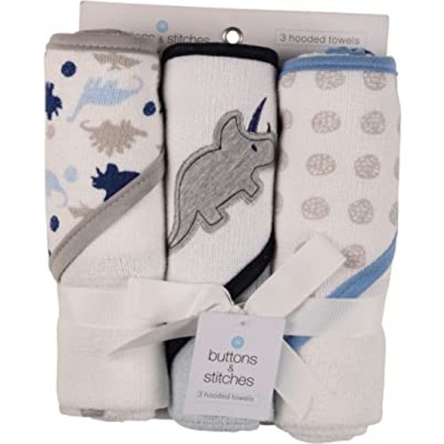 Cudlie Buttons and Stitches Baby Boys 3 Pack Infant Hooded Towel, Triceratops Prints (GS71365)