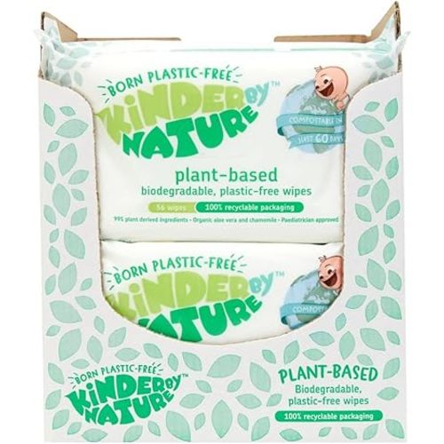 Kinder by Nature Plant Based Baby Wipes - 100% Biodegradable & Compostable, 672 Count (12 Packs of 56) - 99% Plant-Based Ingredients, Plastic-Free Wipes