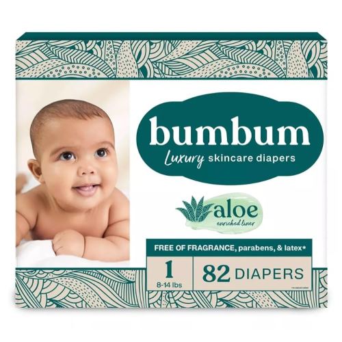 Bum-Bum Luxury Skincare Diapers, Fragrance-Free, Aloe-Infused - Size 1 (8-14 Ibs), 82 Count