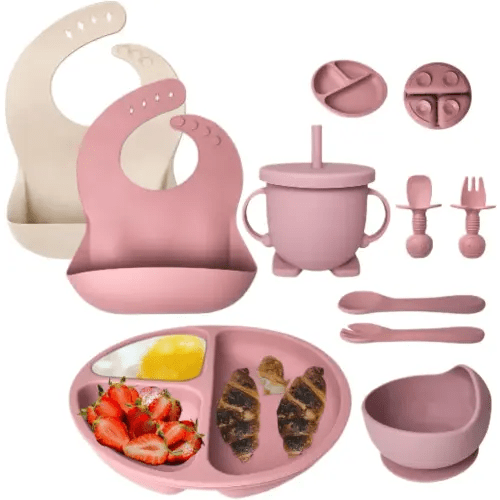 10 Pcs Baby Utensils – Silicone Baby Spoons and Forks for Self Feeding – Suction Plate - Anti-Choke Baby Feeding Supplies – Baby Led Weaning Set with 2 Bibs – Great Gift Set (Pink)