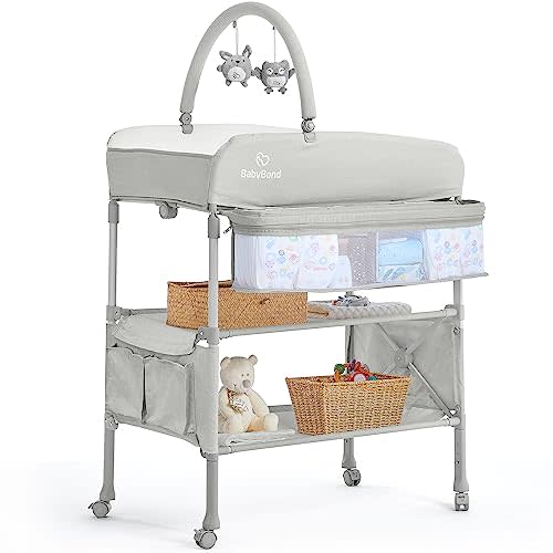 BabyBond Portable Baby Changing Table, Foldable Diaper Changing Table Dresser Waterproof Height Adjustable Changing Station for Infant and Newborn(Beige)