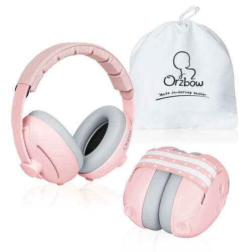 Orzbow 2-in-1 Baby Ear Muffs Noise Protection, Noise Cancelling Headphones for Babies up to 48 Months, Adjustable Infant Ear Protection with Non-Slip Band for Airplane Travel Sleep, Pink