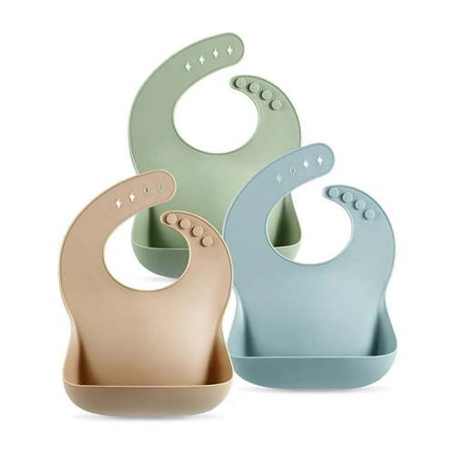 Set of 3 Cute Silicone Baby Bibs for Babies & Toddlers (6-72 Months) Silicone Bibs for Babies Adjustable Soft Waterproof Bibs,BPA Free Feeding Baby Bibs Unisex, Non Messy (Brown/Blue/Green)