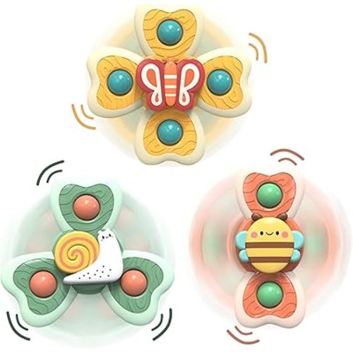3 Pcs Suction Cup Spinner Toy with Food Grade Teether, Rotating Spinning Top Travel Baby Fidget Toys 18 Months, Premium Bath Time Sensory Water Fun Toddler Birthday Gift (Insects B)