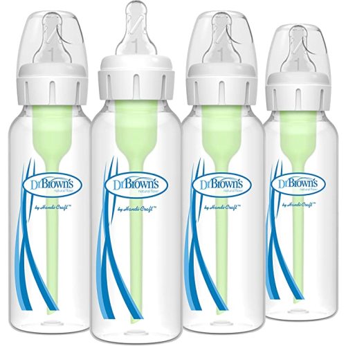 Dr. Brown's Natural Flow Anti-Colic Options+ Narrow Baby Bottle, 8 oz/250 mL, with Level 1 Slow Flow Nipple, 0m+, 4 Bottles