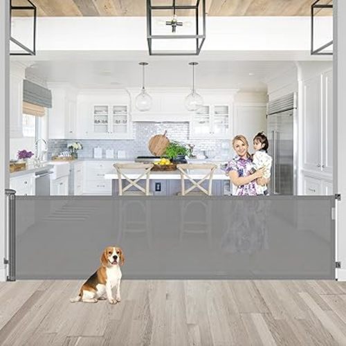 95 Inch Long Baby Gate Retractable Dog Gate for Large Openings Retractable Baby Gates New Upgrade Stair Gates for Kids or Pets Indoor Outdoor Retractable Gate Mesh Dog Gate for Stairs, Doorways, Gray
