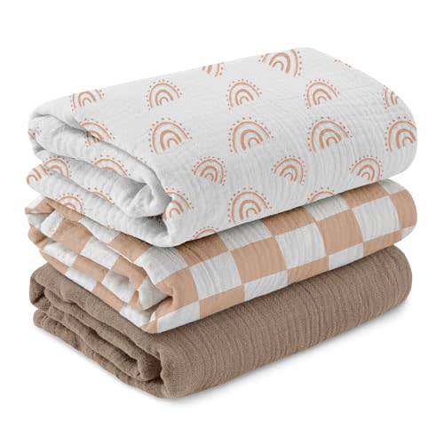 Muslin Swaddle Blankets for Newborn, 3 Pack Breathable Soft Receiving Blanket, Large 38 x 40 inches Swaddle Wrap Burping Clothes Diapers, Essentials Infant Shower Items, Toddler Gift (Rainbow & Grid)