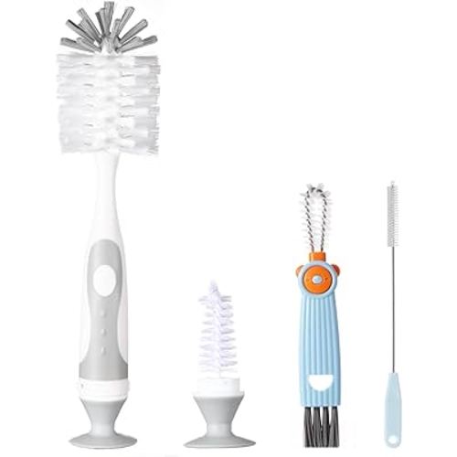 Ariseno 4-in-1 Baby Bottle Brush Set, Bottle Brush for Baby, Bottle Cleaner Brush Set, Including Nylon Bottle Brush, Bottle Cap Brush, Straw Brush, Nipple Brush, BPA-Free (Grey)