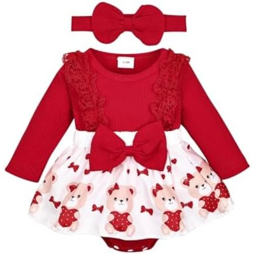 Baby Girl Clothes Fall Winter Outfit Plaid Romper Long Sleeve Dress Lace Ruffles Bodysuit with Bow Headband