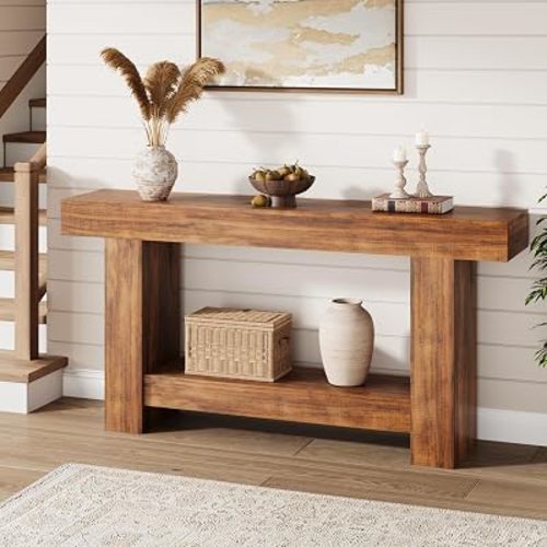 GarveeHome 63" Farmhouse 2-Tier Console Table for Entryway, Rustic Brown