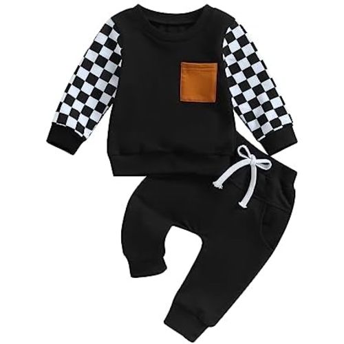 Baby Boy Girl Fall Outfits Checkered Plaid Pullover Sweatshirt Top Pants Set Trendy Toddler Checkerboard Outfit