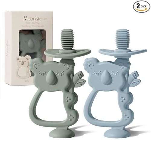 Moonkie Teething Toy Set of 2, Safe & Easy to Hold BPA Free Silicone Teethers, 360° Baby Toothbrush with Suction Base, Teether Toys Best for Babies 6-12 Months (Koala Ether/Sage)