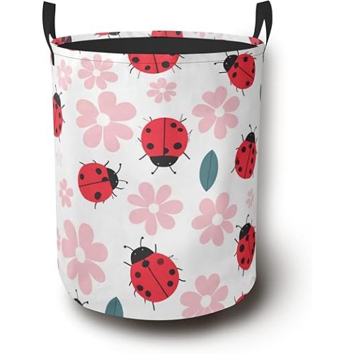 Cute Ladybug Laundry Hamper,Pink Flower Collapsible Laundry Basket with Handles Waterproof Storage Bin for Clothes Books Organizer Basket for Bedroom Bathroom Dormitories 16" x 20.8"